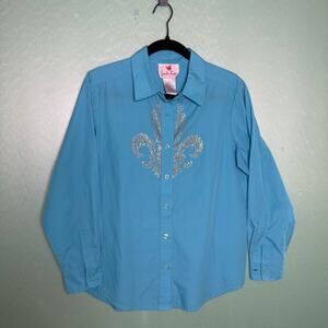 Quacker Factory Blue Rhinestone Fleur-de-Lis Button Down Shirt Women’s Small